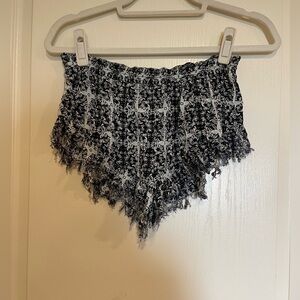 Volcom patterned blue, white and black fringe shorts​​​​​